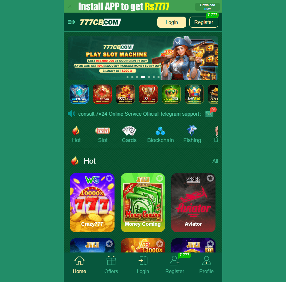 777CB app home screen showing popular games like Crazy777, Money Coming, Aviator, Fortune Gems, and Slots with Rs7,777 welcome bonus banner