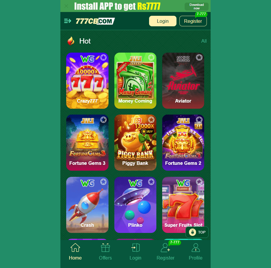 777CB hot games showing Crazy777, Money Coming, Aviator, Fortune Gems 3, Piggy Bank, Crash, Plinko and Super Fruits Slot
