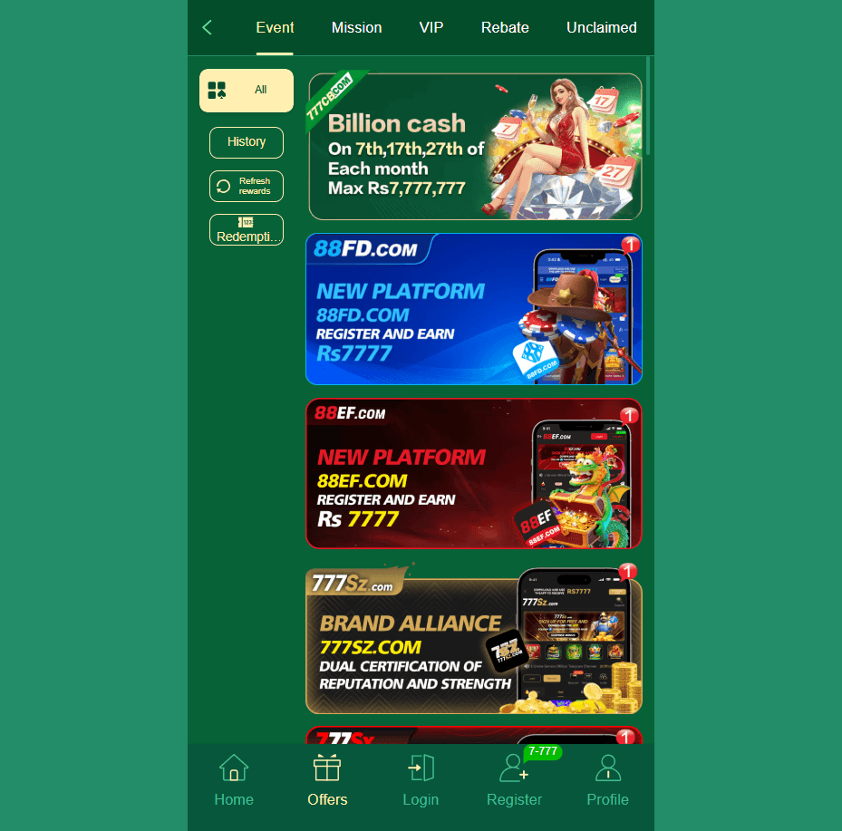 777CB offers and promotions screen showing Billion Cash events, brand alliance partners, and VIP rewards up to Rs7,777,777